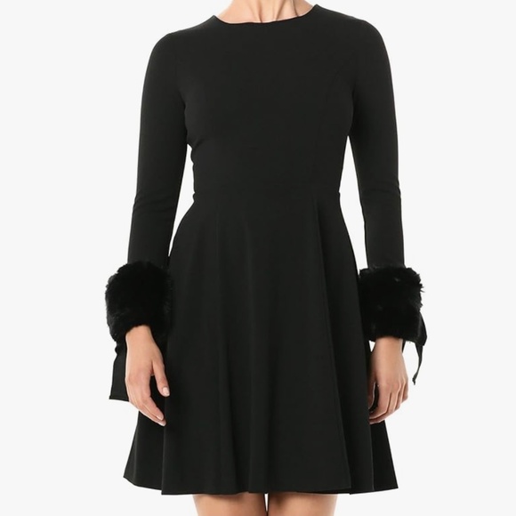 Calvin Klein Fit & Flare Dress w/ Faux Fur Cuffs – Black -Size 2- Like New - Picture 1 of 3